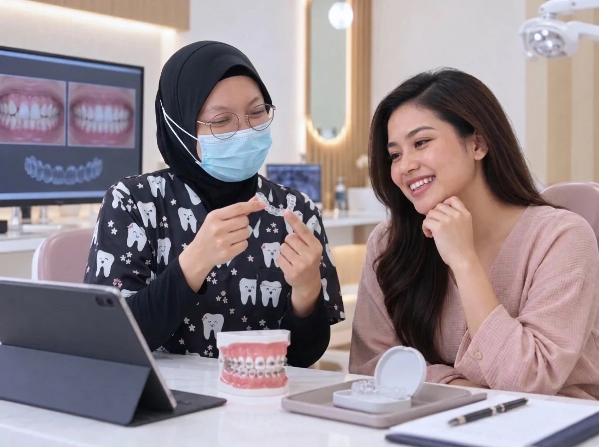 Perundingan berkaitan pendakap gigi dan aligner lutsinar, imej ilustrasi.